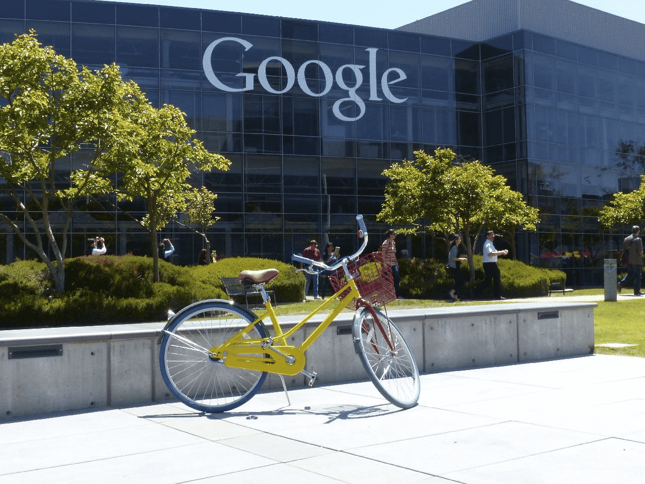 Google headquarters with a yellow bike in front