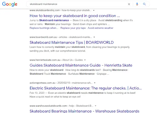 Google search for skateboard maintenance