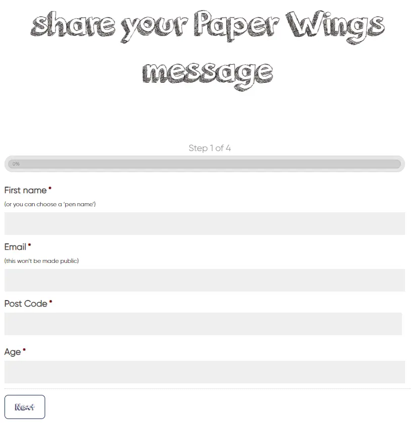 Paper Wings' online form to submit your story, showing helpful text below clearly described labels.