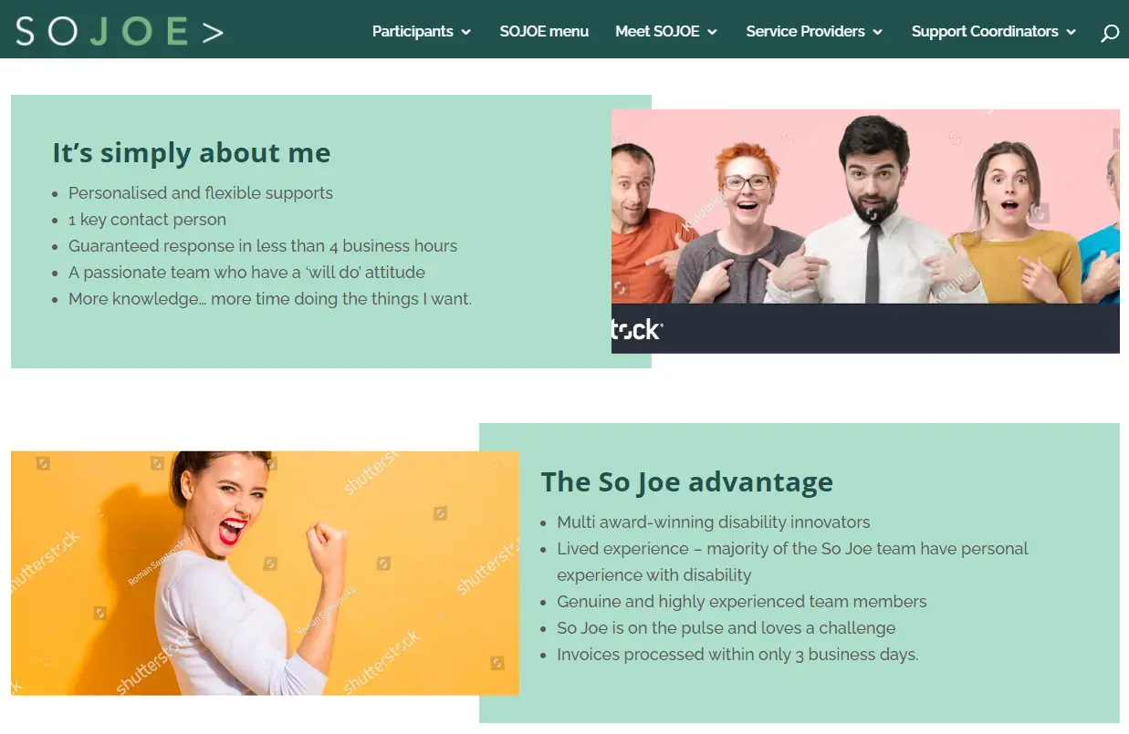 Text on the left explains benefits to patient with an image of a group of people on the right. Below that there is an image of a woman on a yellow background looking excited, with text on the right explaining So Joe's experience.