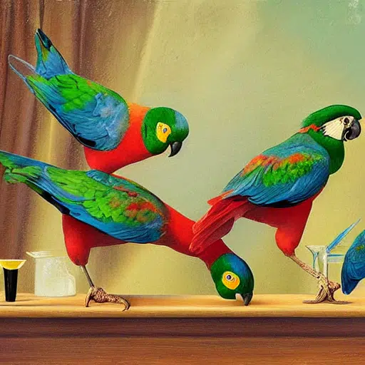 four drunk parrots flying on the table