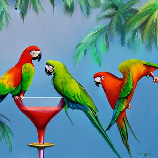 four drunk parrots on the martini glass