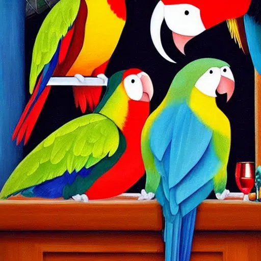 four drunk parrots in the picture