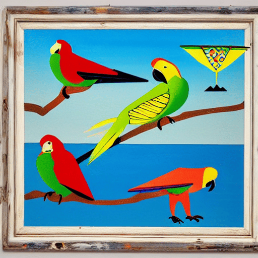 four parrots with a martiniglass