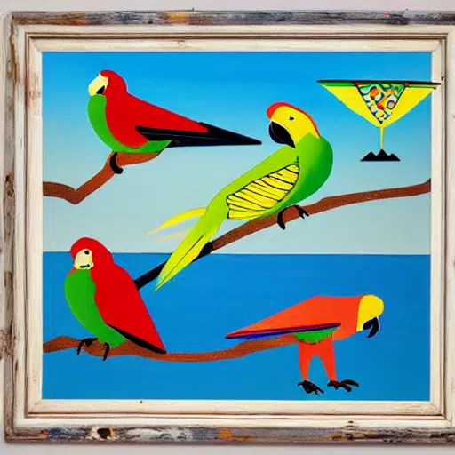 four parrots with a martiniglass