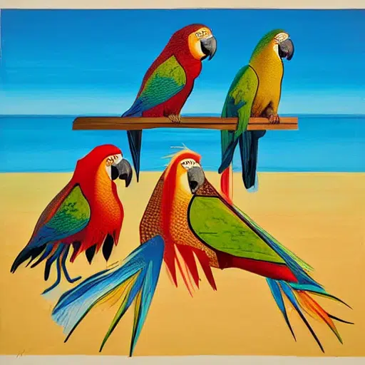 five parrots at the beach