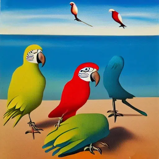 four drunk parrots at the beach