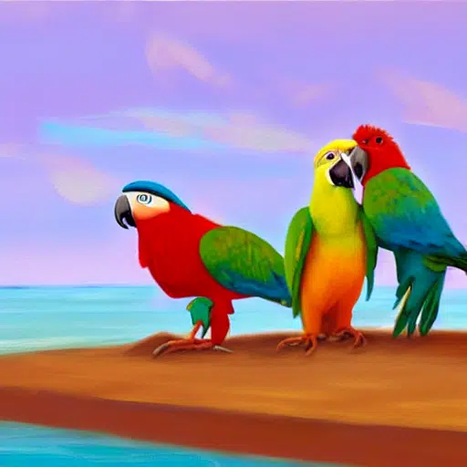 Three parrots at the beach