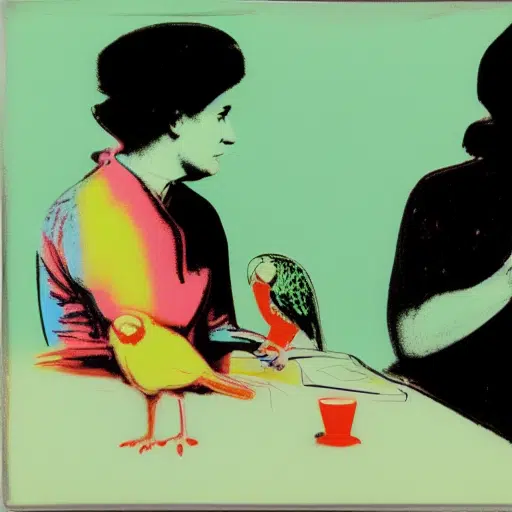 women with two parrots on table