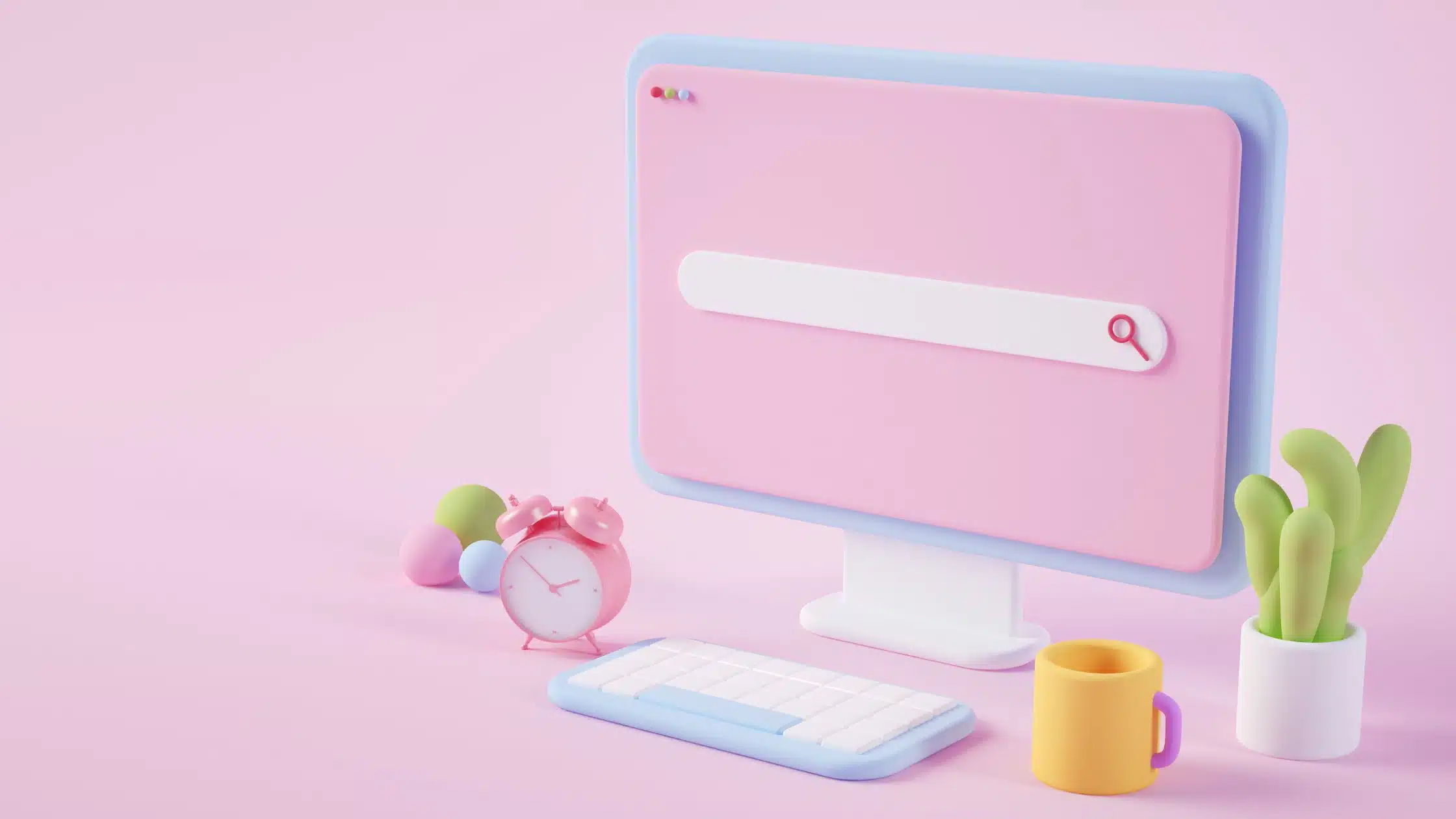SEO Mistakes - AI created image of a desk and workplace in a pink colour palette
